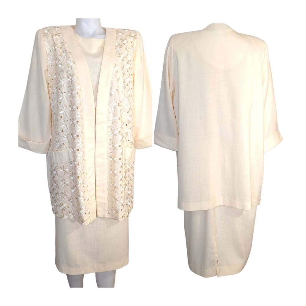 Vintage S.L Fashions 2 pc 14 Dress & Jacket Set Floral Embroidered‎ Light Yellow